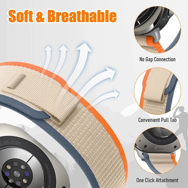 Nylon loop watch band connector and pull-tab details for Samsung Galaxy Watch8, Watch8 Classic and Watch9