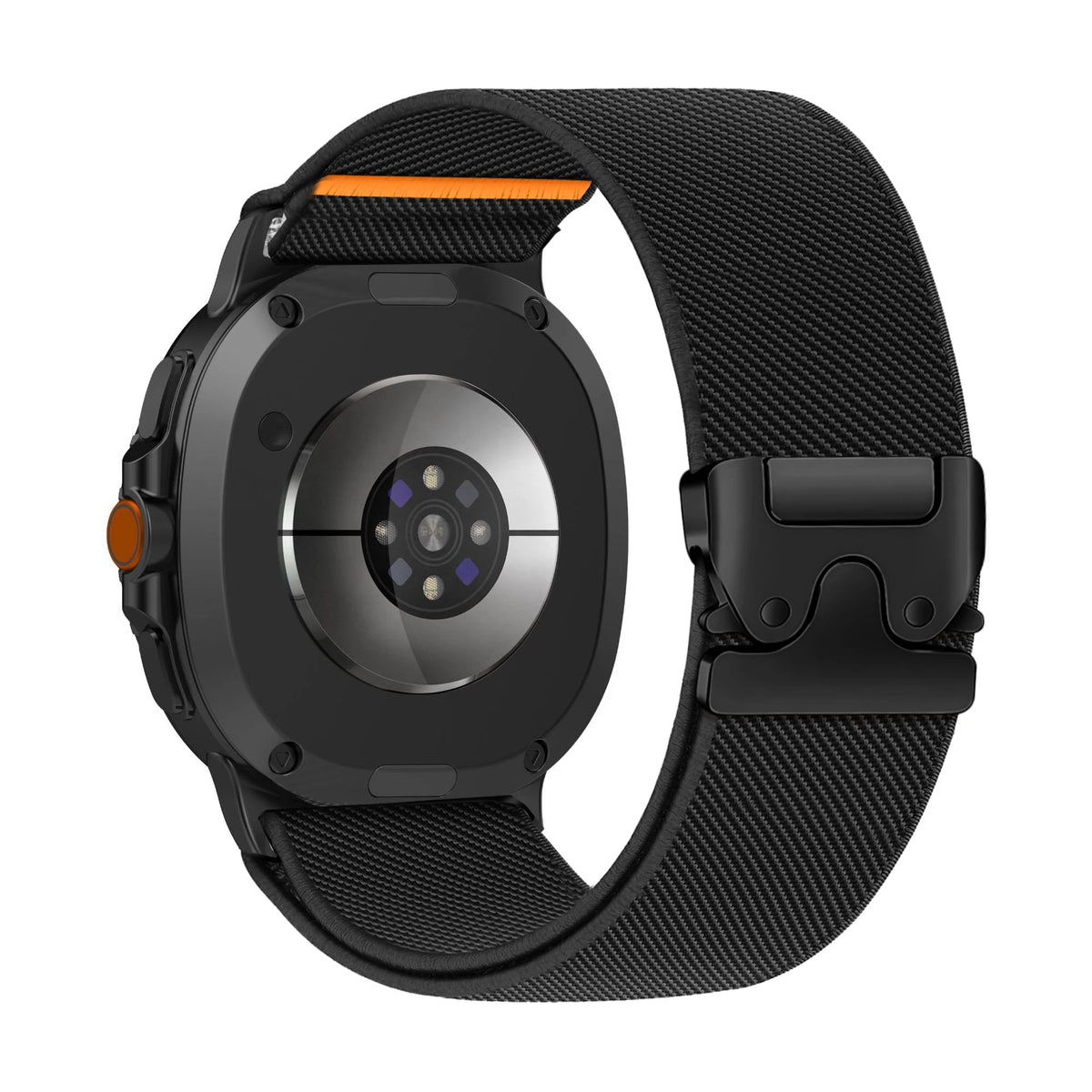 Galaxy Watch8, Watch8 Classic & Watch9 Nylon Metal-Clasp Band in Black with Orange Accent / Black Clasp