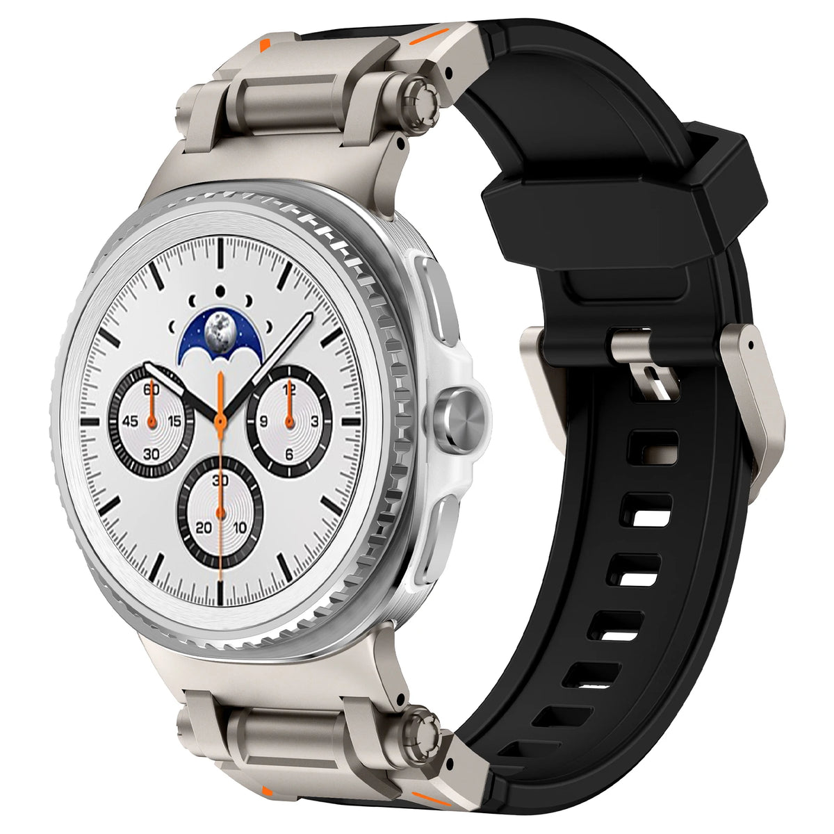 Black rubber watch band with titanium-gray hardware for Samsung Galaxy Watch8, Watch8 Classic and Watch9