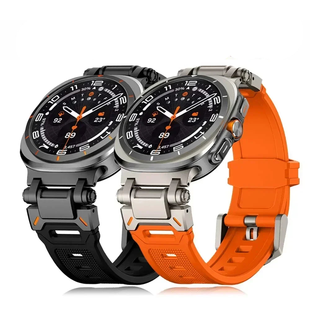 Black and orange rubber watch bands with metal hardware for Samsung Galaxy Watch8, Watch8 Classic and Watch9