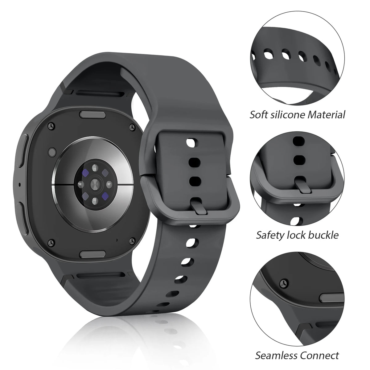 Silicone band buckle and connector details for Samsung Galaxy Watch8, Watch8 Classic and Watch9