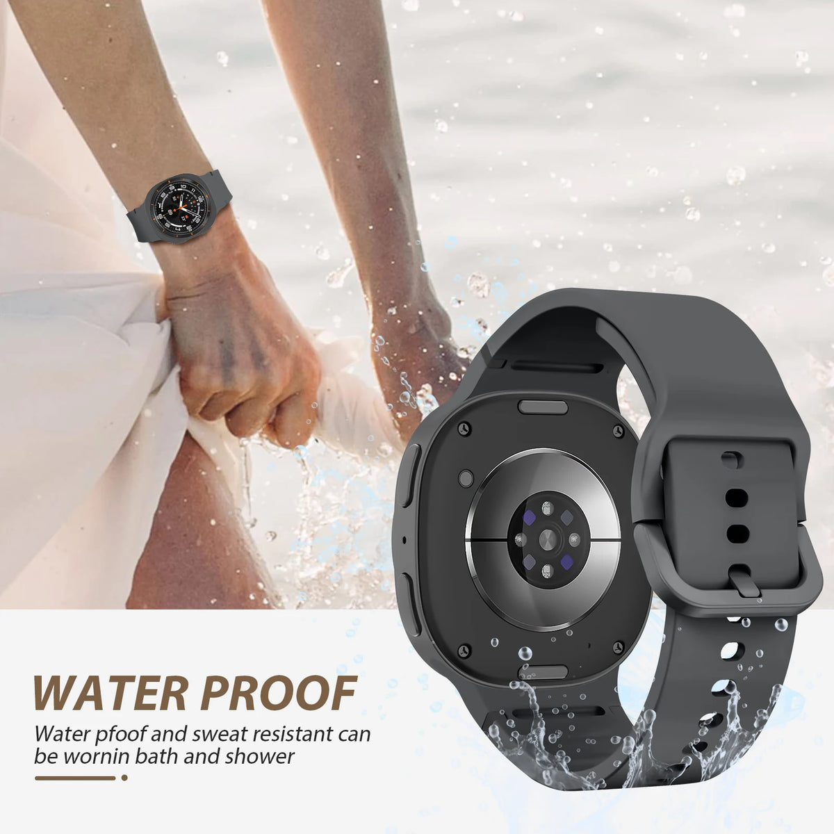 Silicone band supplier water-use illustration for Samsung Galaxy Watch8, Watch8 Classic and Watch9