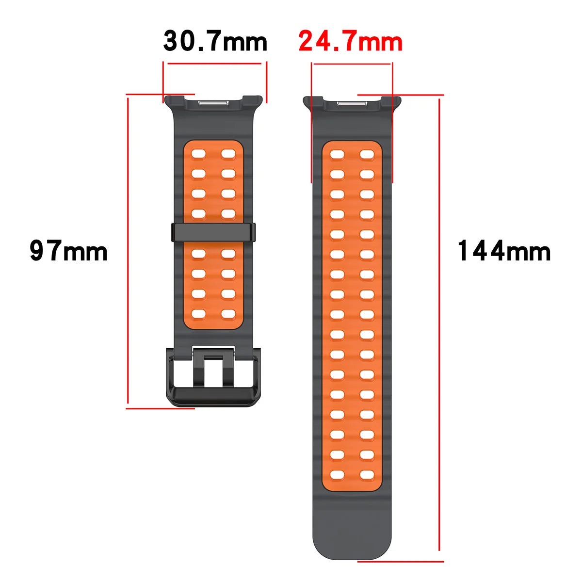 Perforated silicone strap dimension diagram for Samsung Galaxy Watch8, Watch8 Classic and Watch9