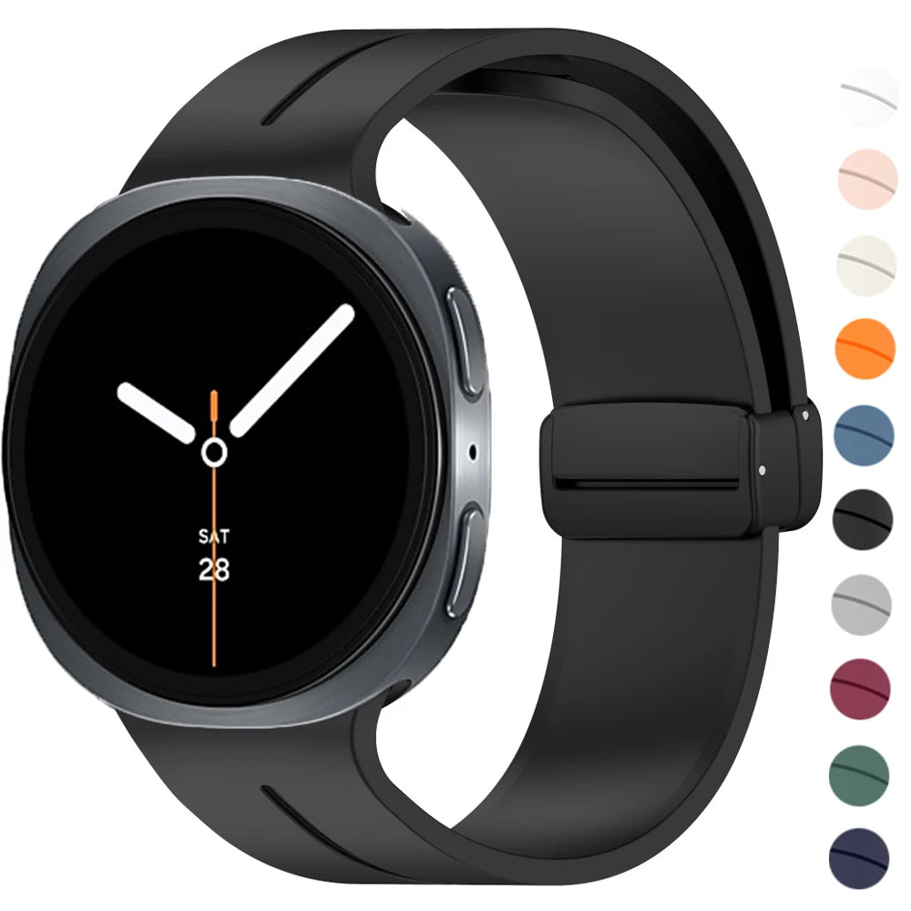 Black silicone watch band with color preview circles for Samsung Galaxy Watch8, Watch8 Classic and Watch9