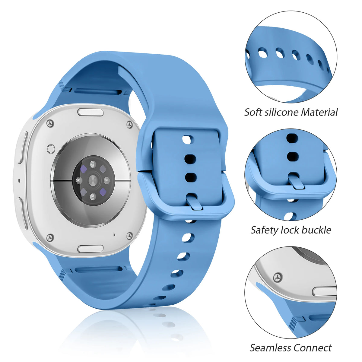 Blue silicone watch band buckle and connector details for Samsung Galaxy Watch8, Watch8 Classic and Watch9