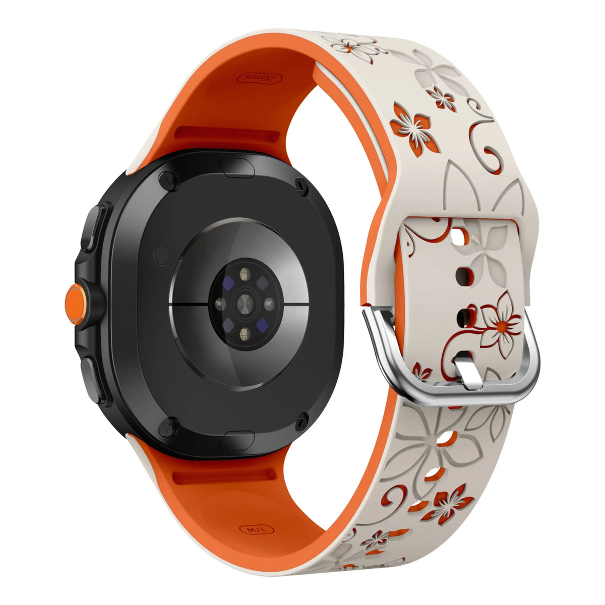 Starlight / Orange Samsung Galaxy Watch 7, 6, 5, 4 and FE 20mm Floral Silicone Band