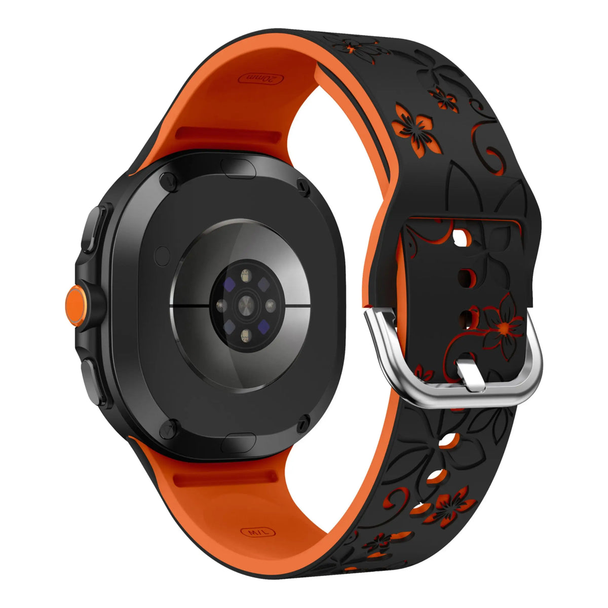 Black / Orange Samsung Galaxy Watch 7, 6, 5, 4 and FE 20mm Floral Silicone Band