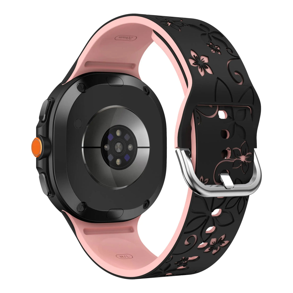 Black / Pink Samsung Galaxy Watch 7, 6, 5, 4 and FE 20mm Floral Silicone Band