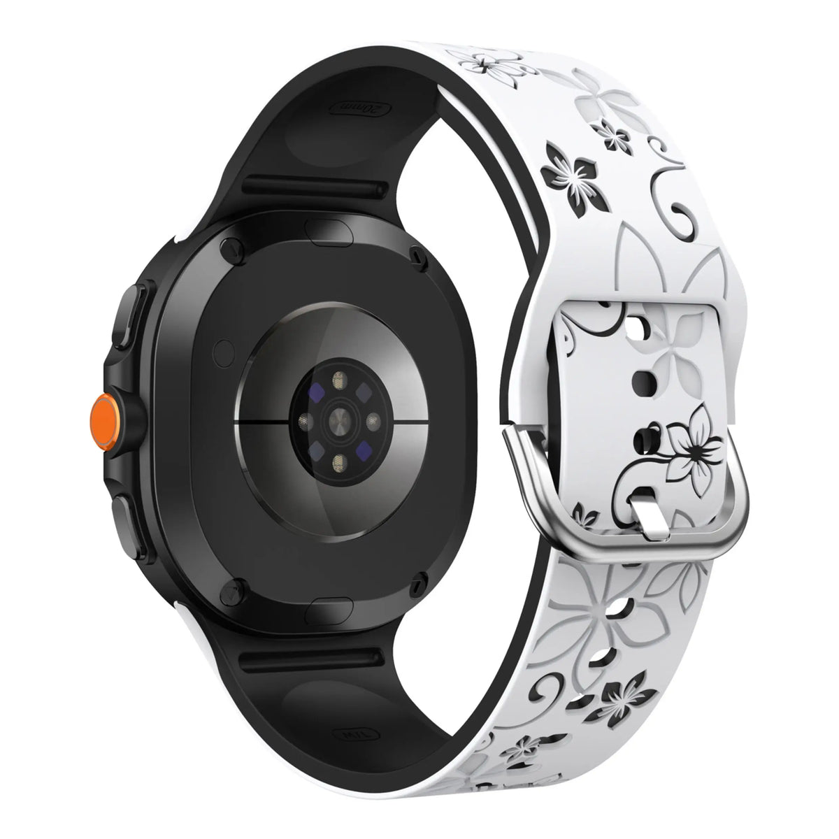 White / Black Samsung Galaxy Watch 7, 6, 5, 4 and FE 20mm Floral Silicone Band