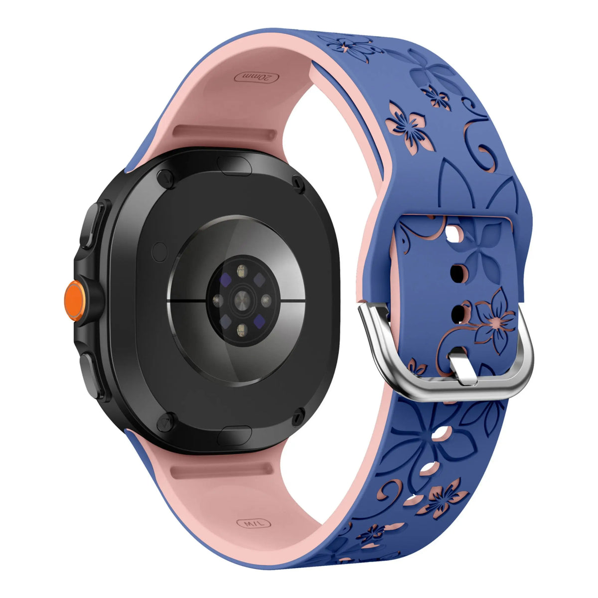Blue / Light Pink Samsung Galaxy Watch 7, 6, 5, 4 and FE 20mm Floral Silicone Band