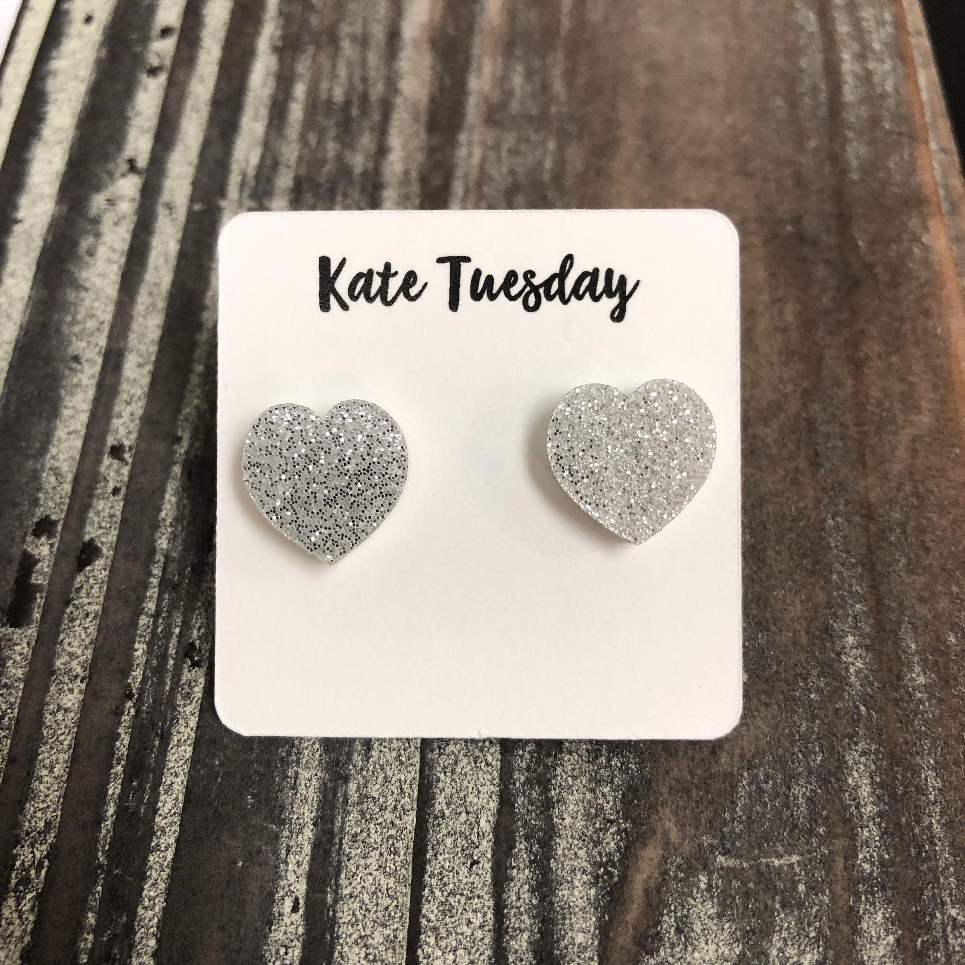 Silver Glitter Heart Stud Earrings For Women Everyday by Olive Felix