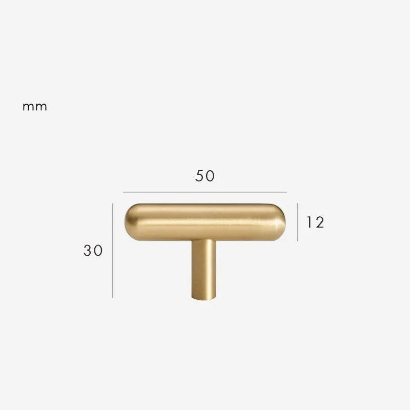 Smooth solid brass T-bar cabinet knob size diagram, 50mm long