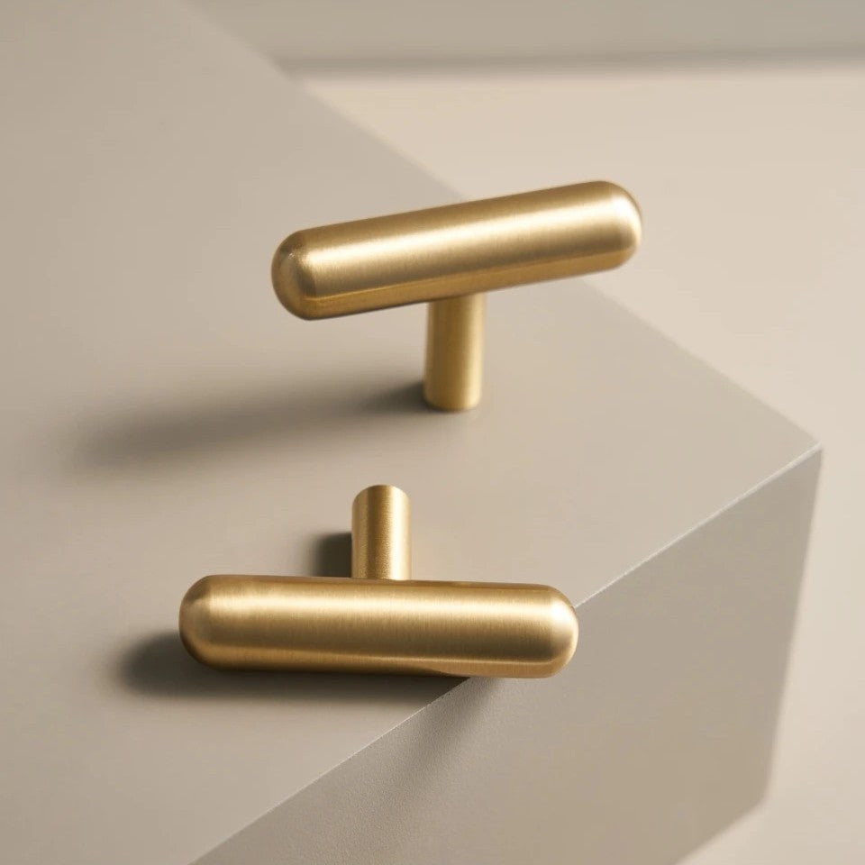 Smooth solid brass T-bar cabinet knob in brushed brass