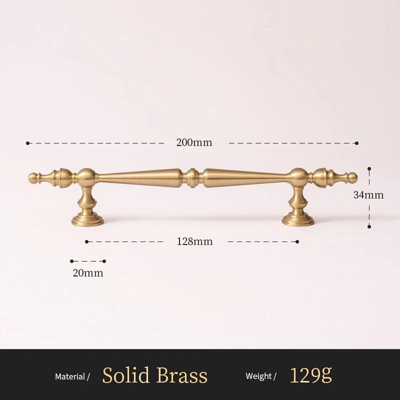 French Spire solid brass cabinet pull size diagram, 128mm hole spacing