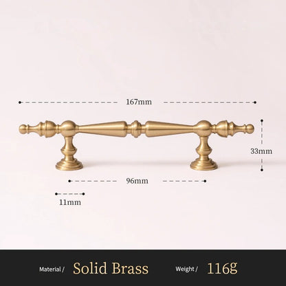 French Spire solid brass cabinet pull size diagram, 96mm hole spacing