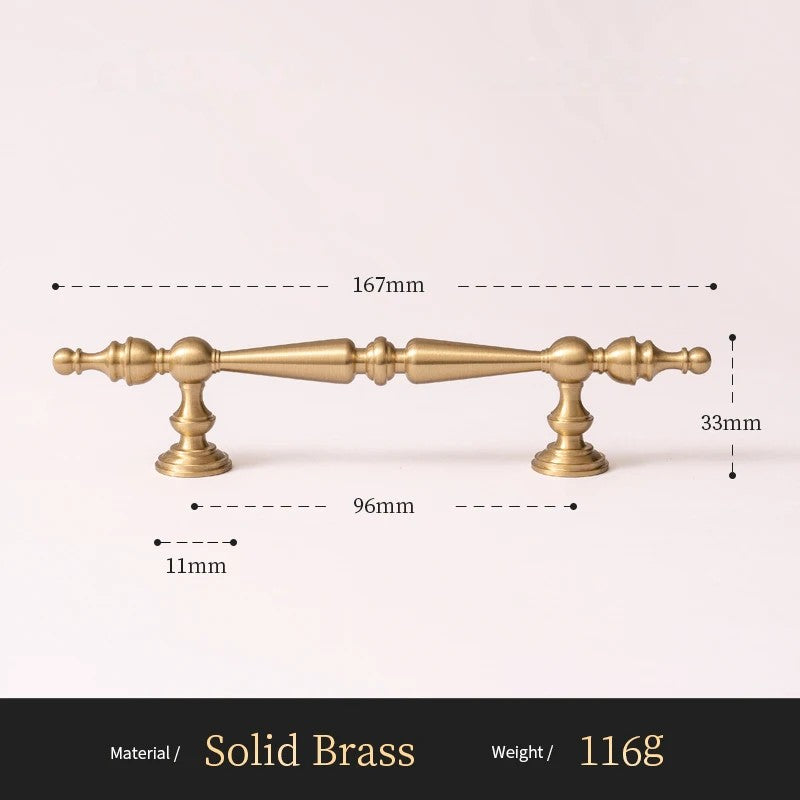 French Spire solid brass cabinet pull size diagram, 96mm hole spacing