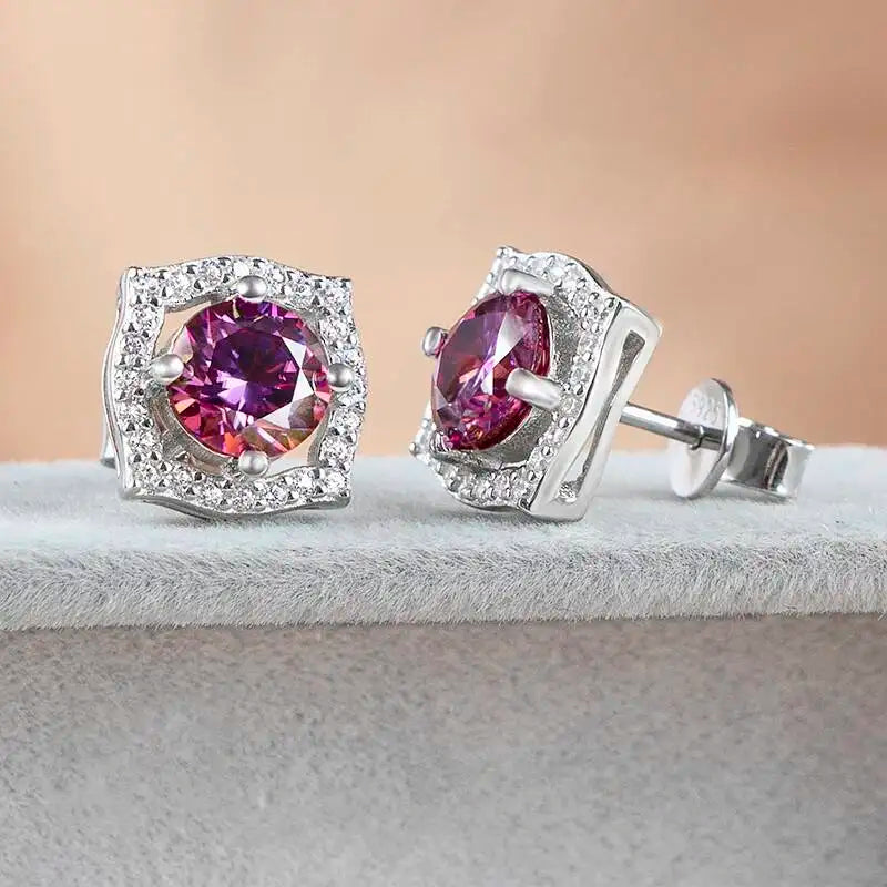 Moissanite Cushion Halo Stud Earrings in Sterling Silver — Purple studs angled view — BandsCo Straps