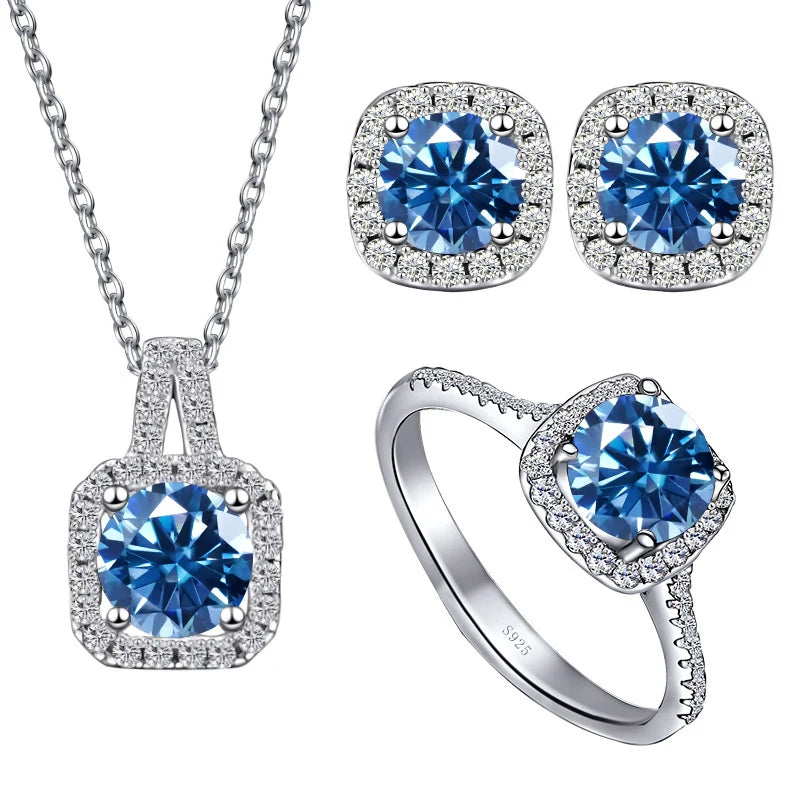 Colored Cushion Halo Moissanite Necklace, Earrings & Ring Set — Royal blue set