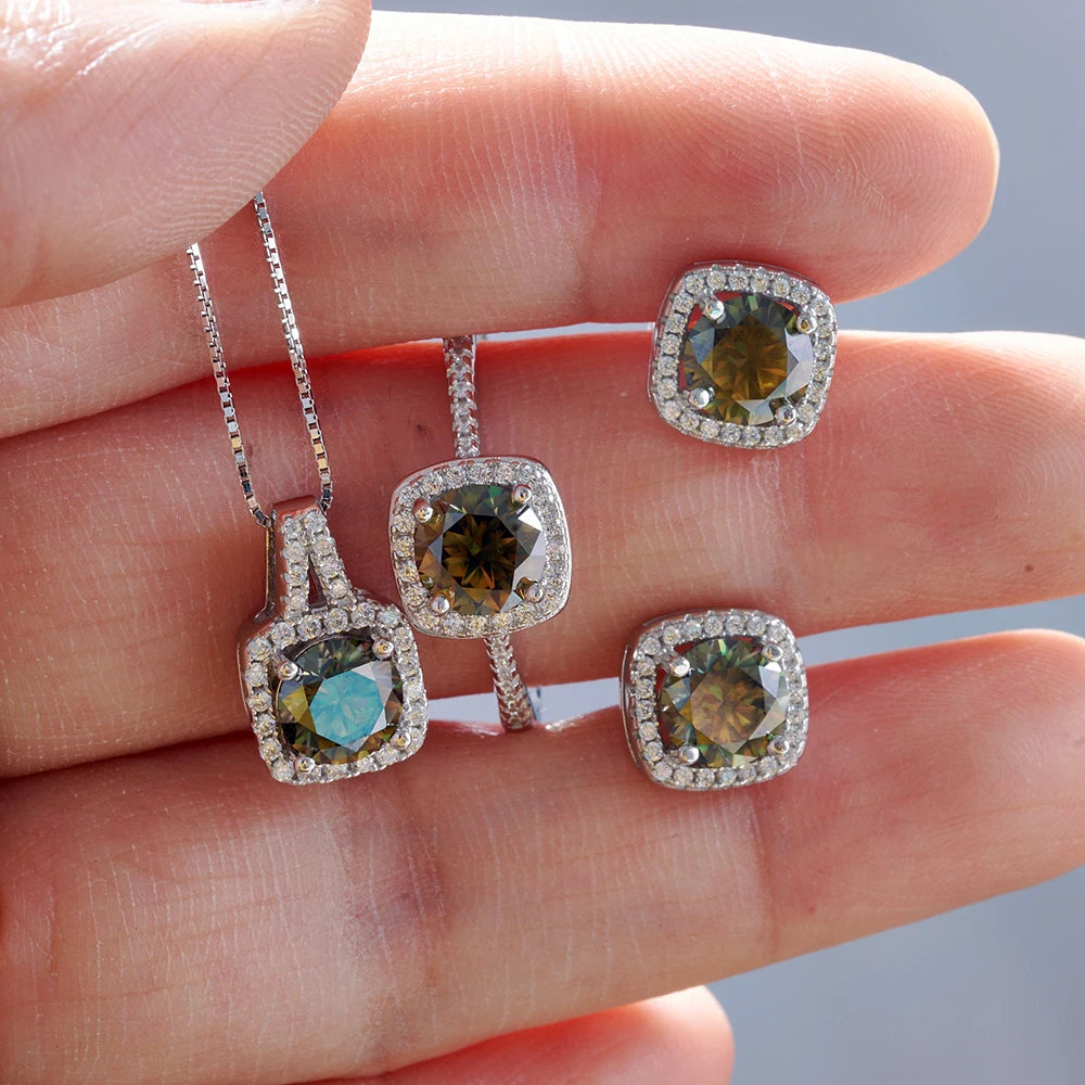 Colored Cushion Halo Moissanite Necklace, Earrings & Ring Set — Yellow green set on hand