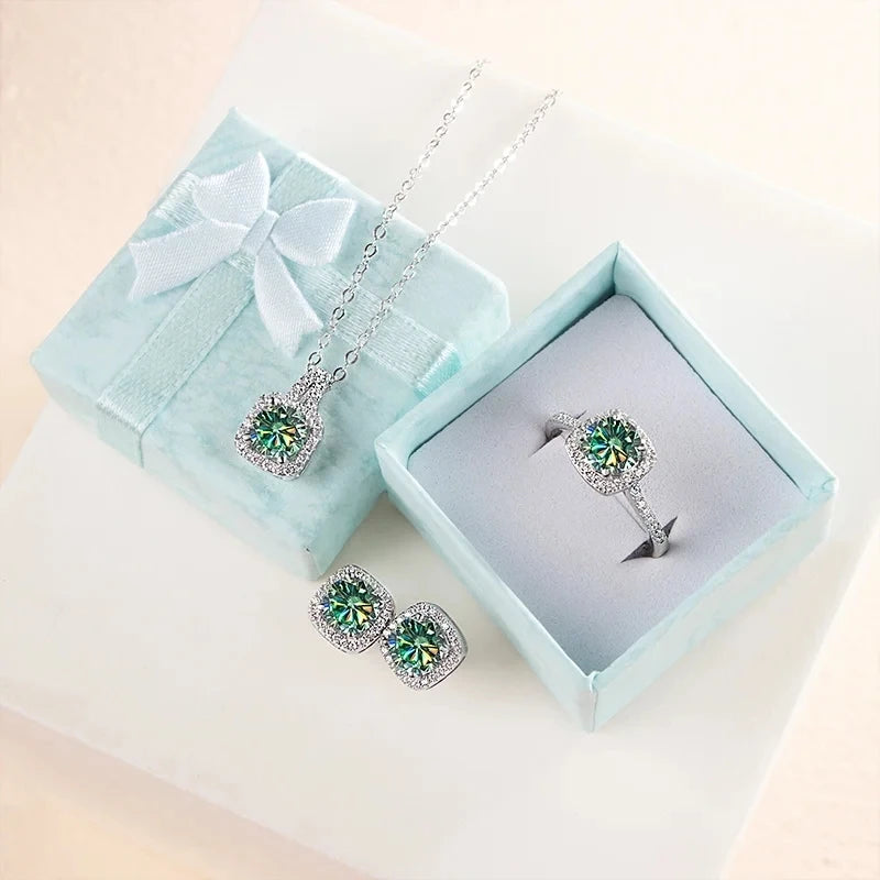 Colored Cushion Halo Moissanite Necklace, Earrings & Ring Set — Blue green set in box