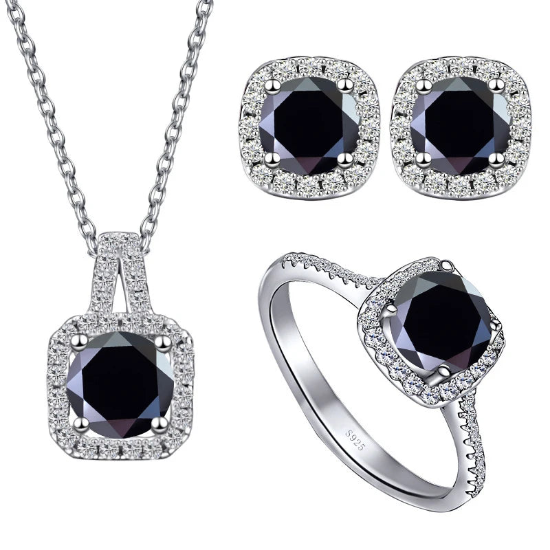 Colored Cushion Halo Moissanite Necklace, Earrings & Ring Set — Black set