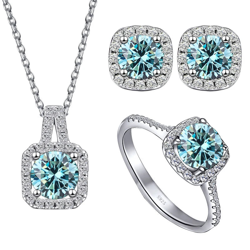 Colored Cushion Halo Moissanite Necklace, Earrings & Ring Set — Blue set