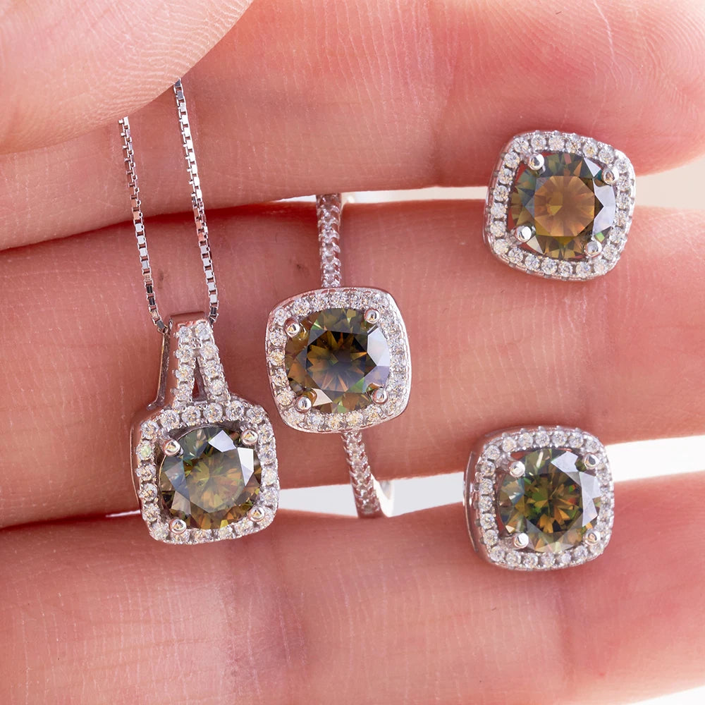 Colored Cushion Halo Moissanite Necklace, Earrings & Ring Set — Yellow green set on hand