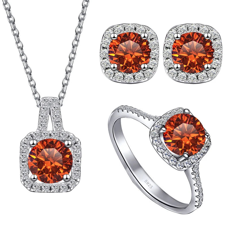 Colored Cushion Halo Moissanite Necklace, Earrings & Ring Set — Orange set