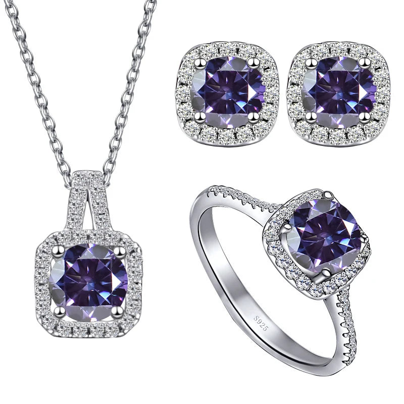 Colored Cushion Halo Moissanite Necklace, Earrings & Ring Set — Violet set