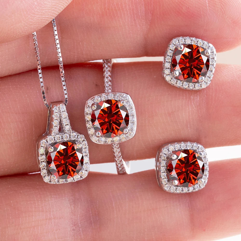 Colored Cushion Halo Moissanite Necklace, Earrings & Ring Set — Red set on hand