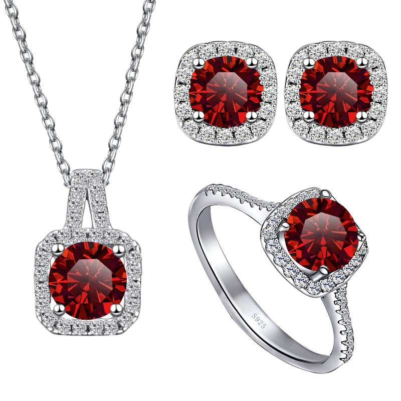 Colored Cushion Halo Moissanite Necklace, Earrings & Ring Set — Red set