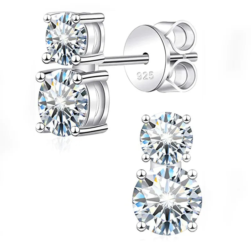 Graduated Two-Stone Moissanite Stud Earrings in Sterling Silver — Silver two-stone studs and butterfly backs