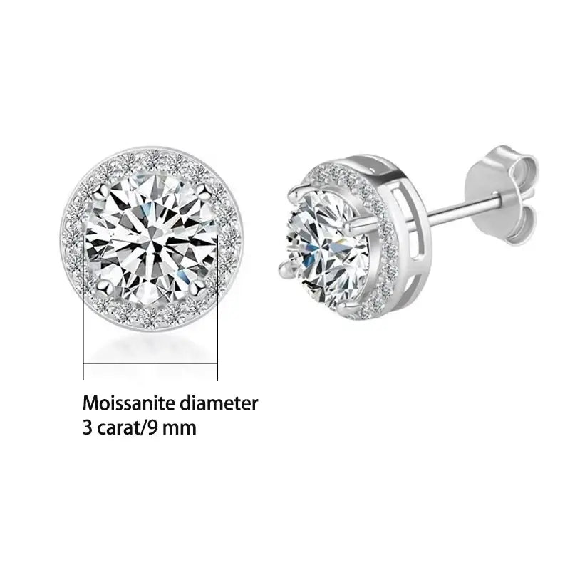 Round Halo Moissanite Stud Earrings in Sterling Silver - 3 ct option with diameter