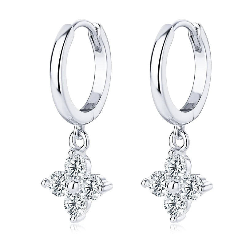 Clover Moissanite Hoop Drop Earrings in Sterling Silver — Silver clover hoop pair
