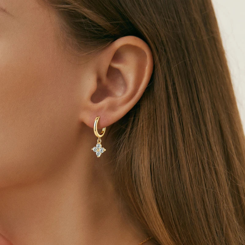 Clover Moissanite Hoop Drop Earrings in Sterling Silver — Clover hoop worn on the ear