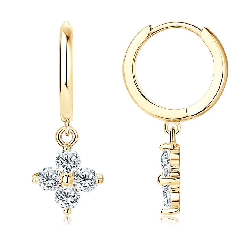 Clover Moissanite Hoop Drop Earrings in Sterling Silver — Gold-Tone front and side