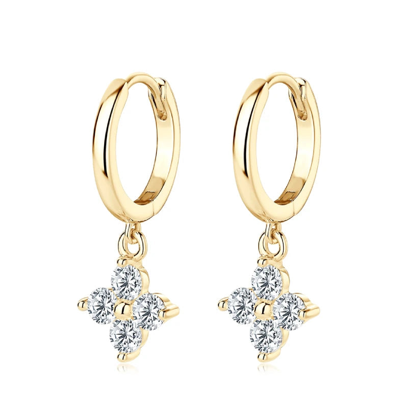 Clover Moissanite Hoop Drop Earrings in Sterling Silver — Gold-Tone clover hoop pair