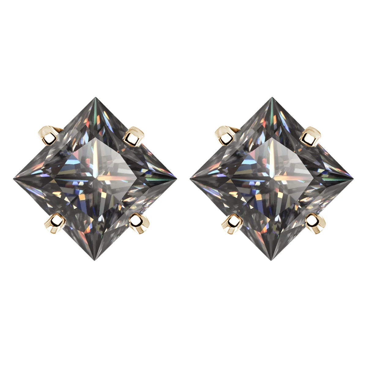 Colorful Princess-Cut Moissanite Stud Earrings in Sterling Silver — Gray / Gold-Tone