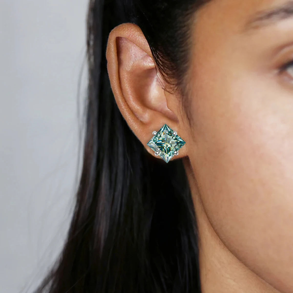 Colorful Princess-Cut Moissanite Stud Earrings in Sterling Silver — Square stud worn on the ear
