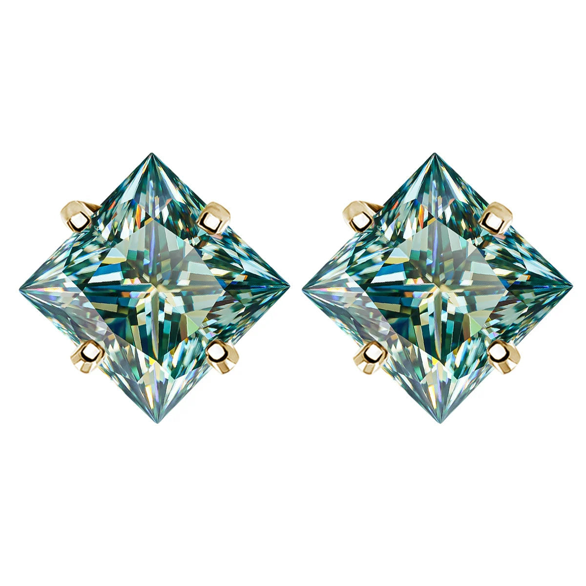 Colorful Princess-Cut Moissanite Stud Earrings in Sterling Silver — Green / Gold-Tone