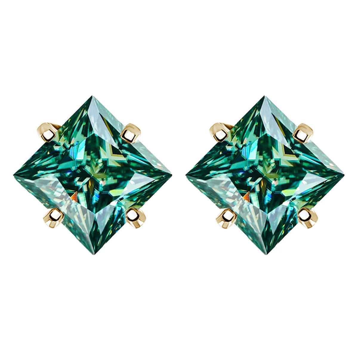 Colorful Princess-Cut Moissanite Stud Earrings in Sterling Silver — Cyan / Gold-Tone
