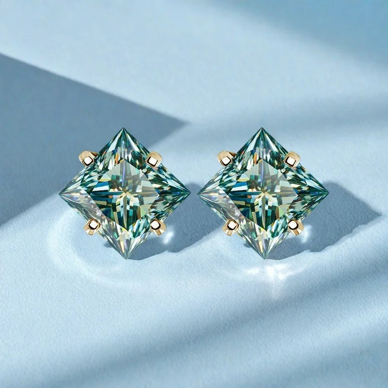 Colorful Princess-Cut Moissanite Stud Earrings in Sterling Silver — Green princess-cut studs
