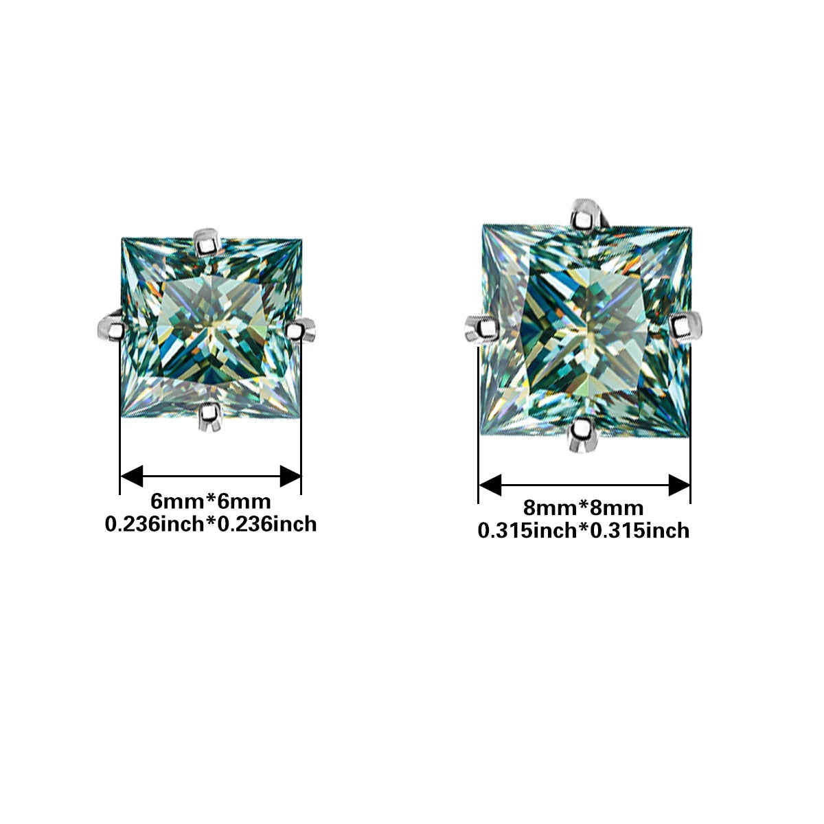 Colorful Princess-Cut Moissanite Stud Earrings in Sterling Silver — 6mm and 8mm size comparison