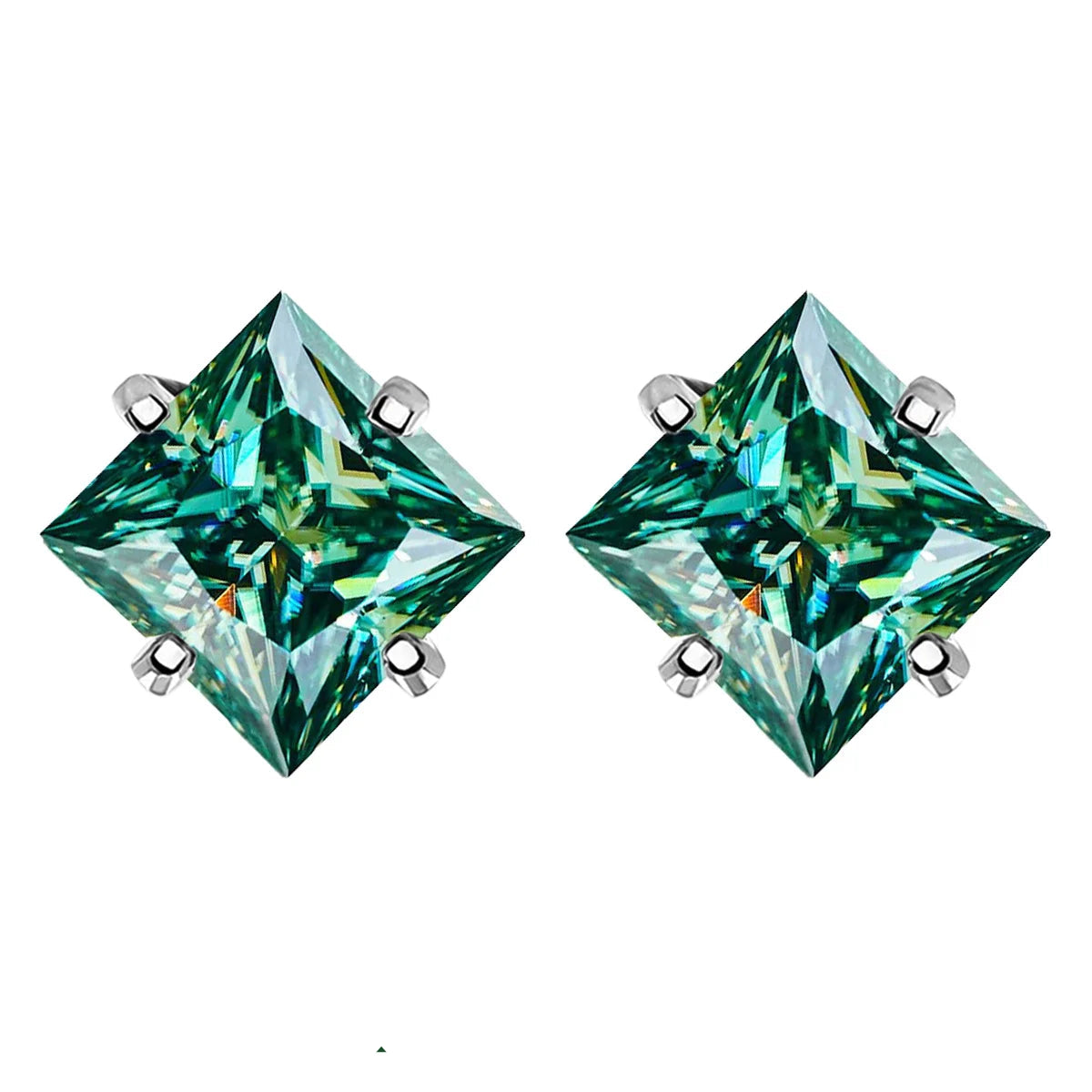 Colorful Princess-Cut Moissanite Stud Earrings in Sterling Silver — Cyan / Silver