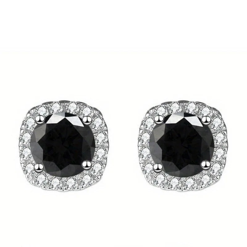 Colored Cushion Halo Moissanite Stud Earrings in Silver - Black centers