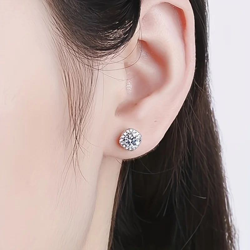 Colored Cushion Halo Moissanite Stud Earrings in Silver - Halo stud shown on model