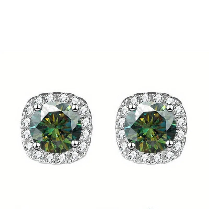 Colored Cushion Halo Moissanite Stud Earrings in Silver - Dark green centers