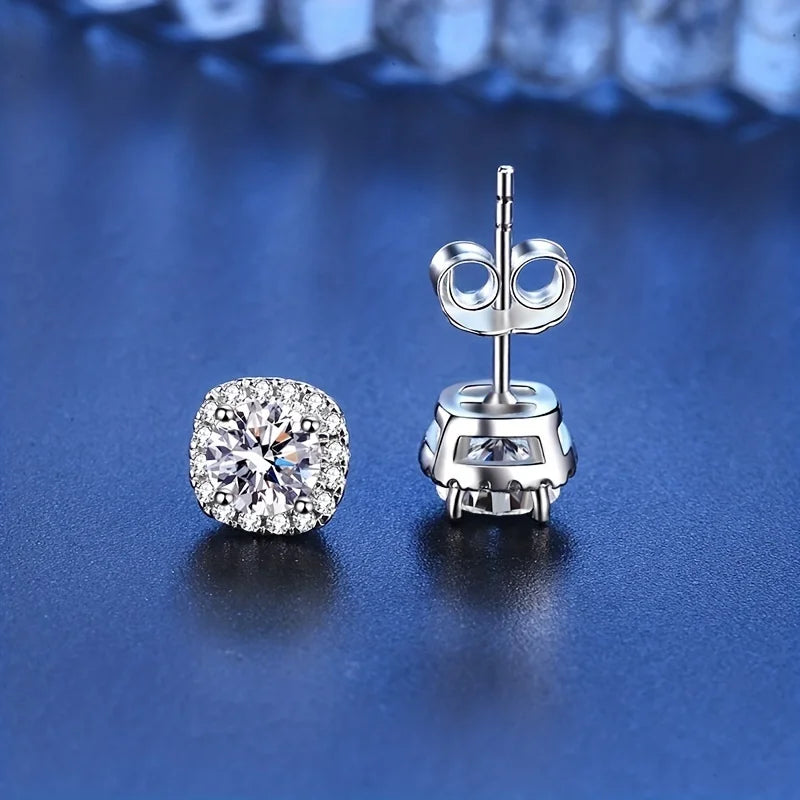 Colored Cushion Halo Moissanite Stud Earrings in Silver - White front and butterfly back