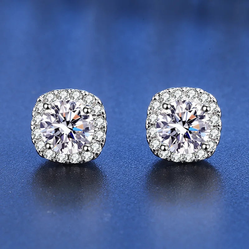 Colored Cushion Halo Moissanite Stud Earrings in Silver - White halo pair