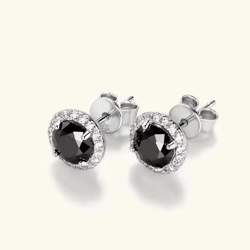 Black Halo Moissanite Stud Earrings in 925 Sterling Silver — Black halo pair